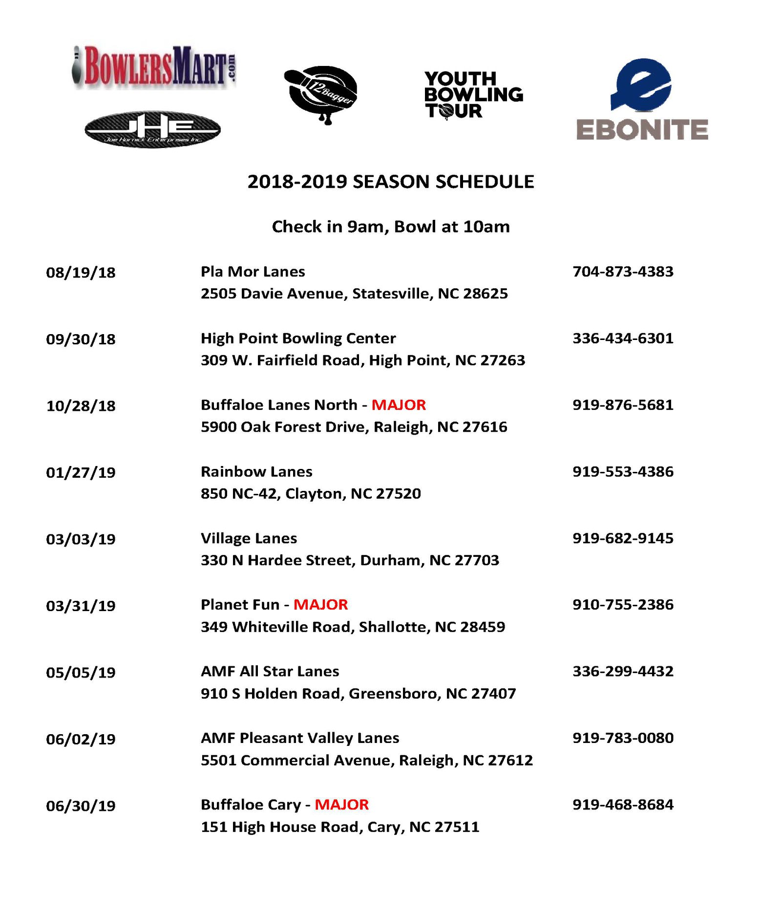 2018-2019 Youth Bowling Tour Schedule - 12Bagger Bowling